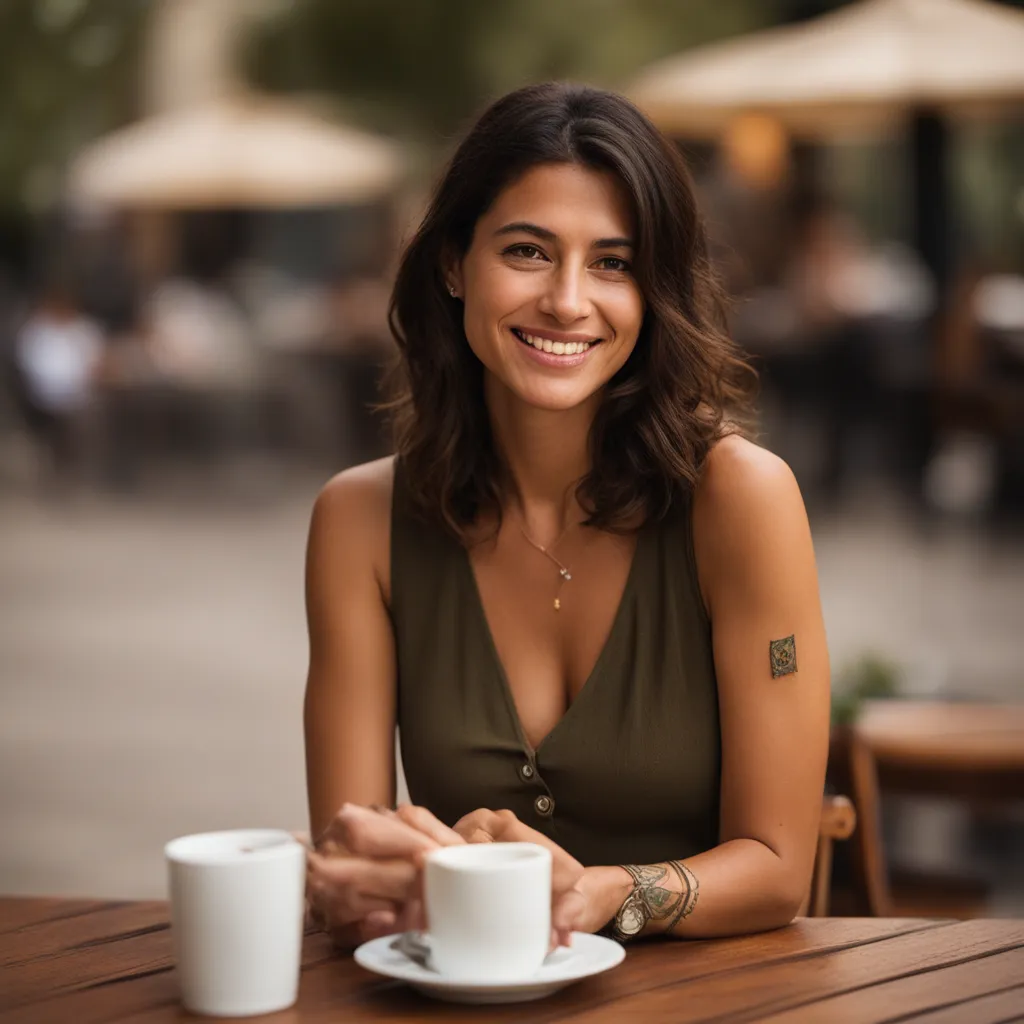 Mila sitzt entspannt in einem Café